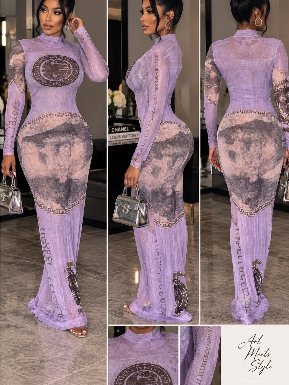 Lavender Printed Sheer Long-Sleeve Maxi Dress — Elegant Evening Style